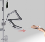 Version 1 prototype of the autonomous IV correction arm, mounted on an IV pole and reaching toward the tubing